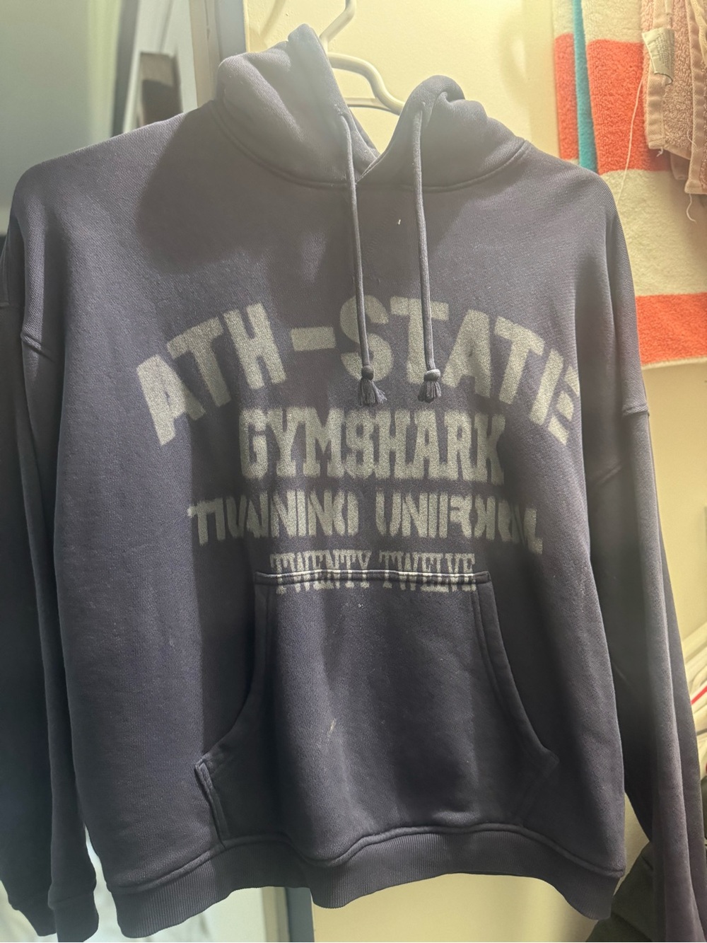 Gymshark Navy Pullover Hoodie with Faded Athletic Logo